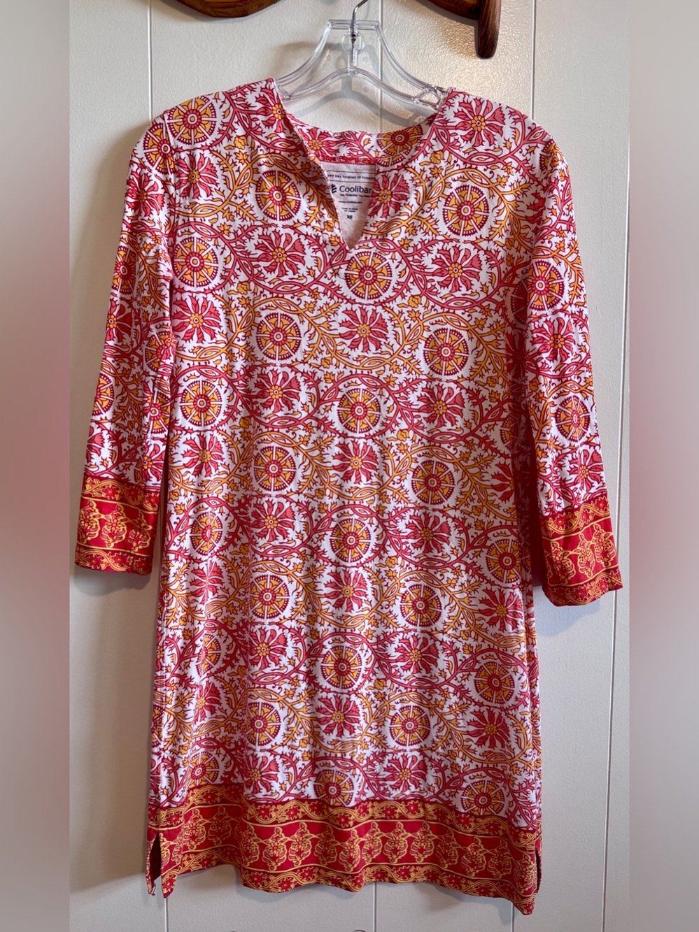 Coolibar Coral & Gold Medallion Border-Trim Tunic